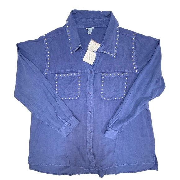 Cato Tops - Cato Womens Blue Studded Rayon Button Down Shirt Long‎ Sleeve Plus Size 18/20W